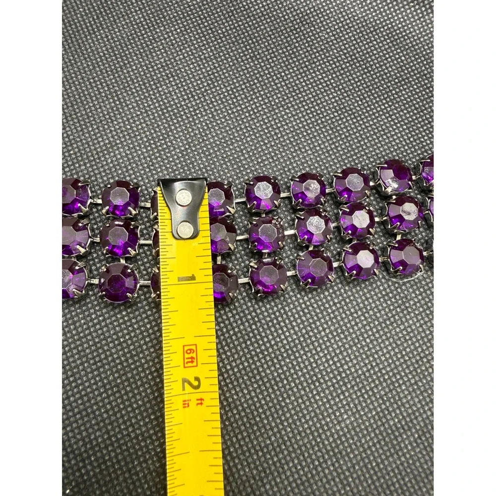 Vintage Purple Rhinestone Triple Row Cuff Bracelet Silver Tone Statement Jewelry